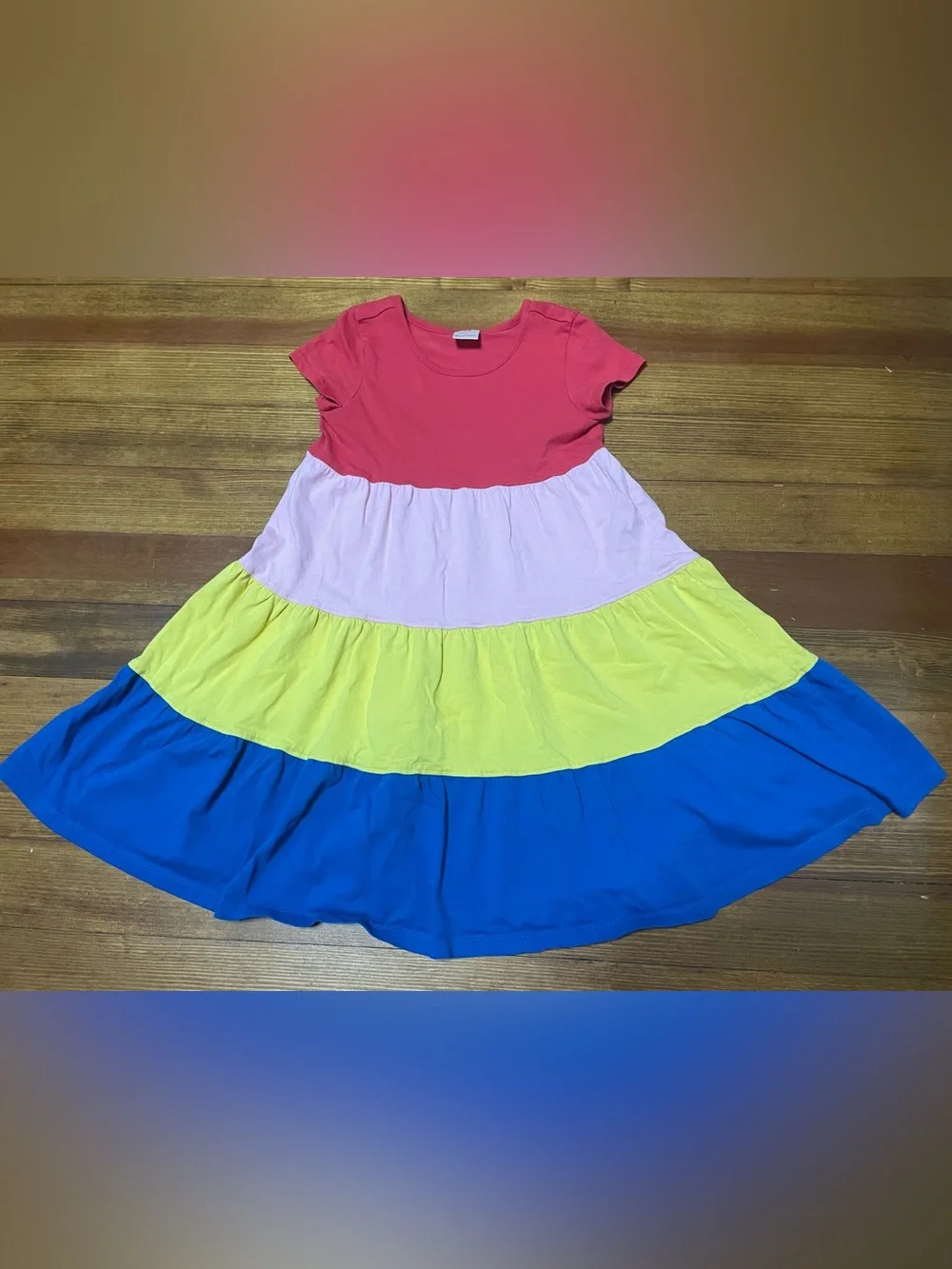 Hanna Andersson Red Pink Yellow Blue Tiered Color Block Cotton Dress Size 6-7